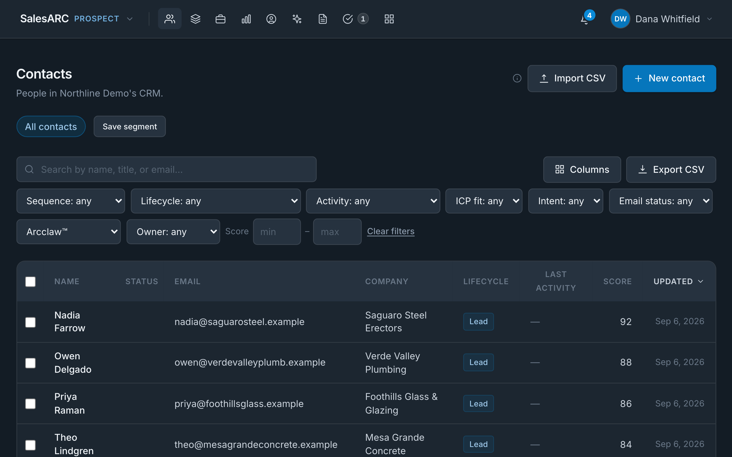 SalesARC Prospect contacts filtered to ArcClaw™: scored, verified leads delivered overnight
