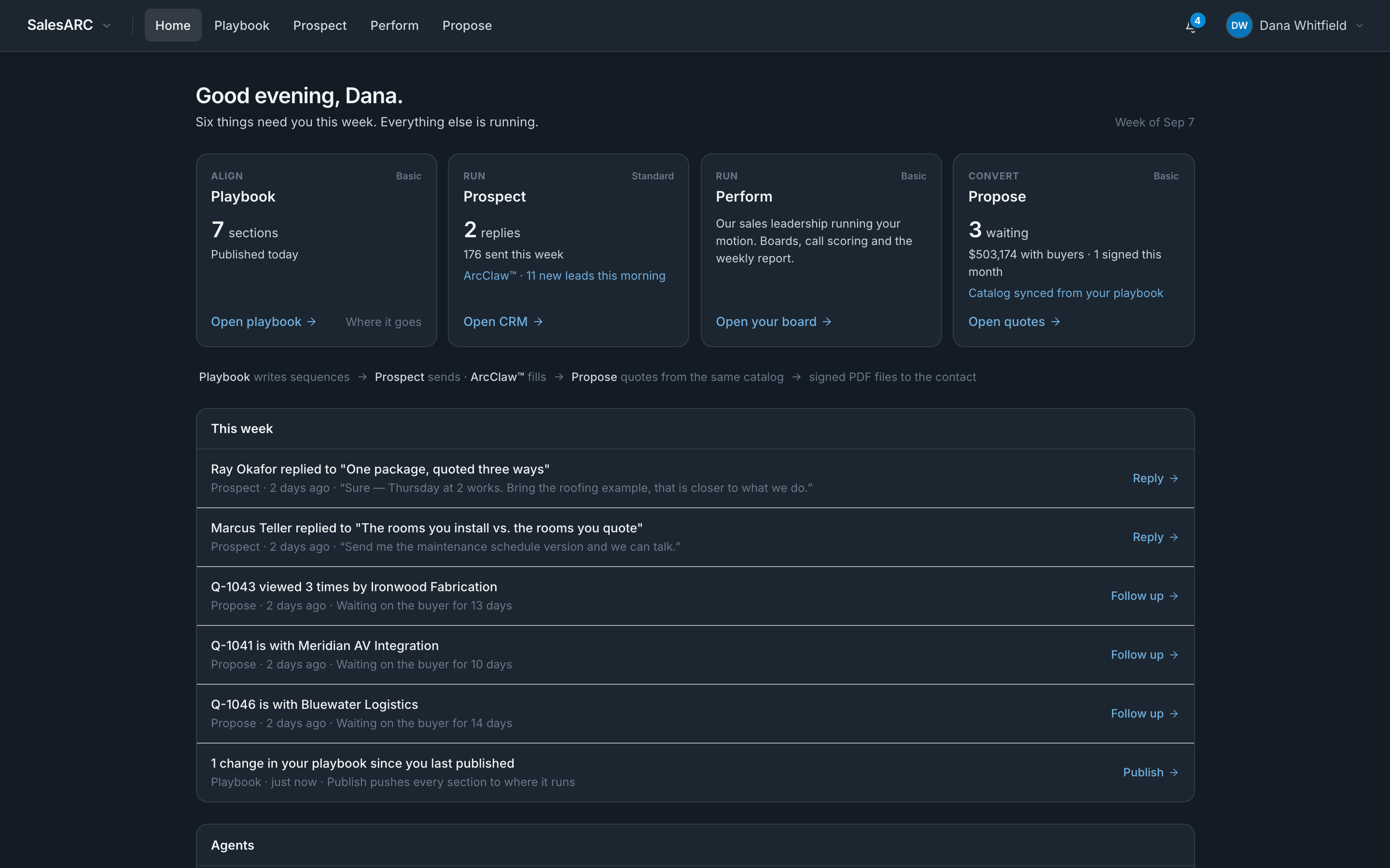 The SalesARC home screen: Playbook, Prospect, Perform and Propose side by side with live numbers