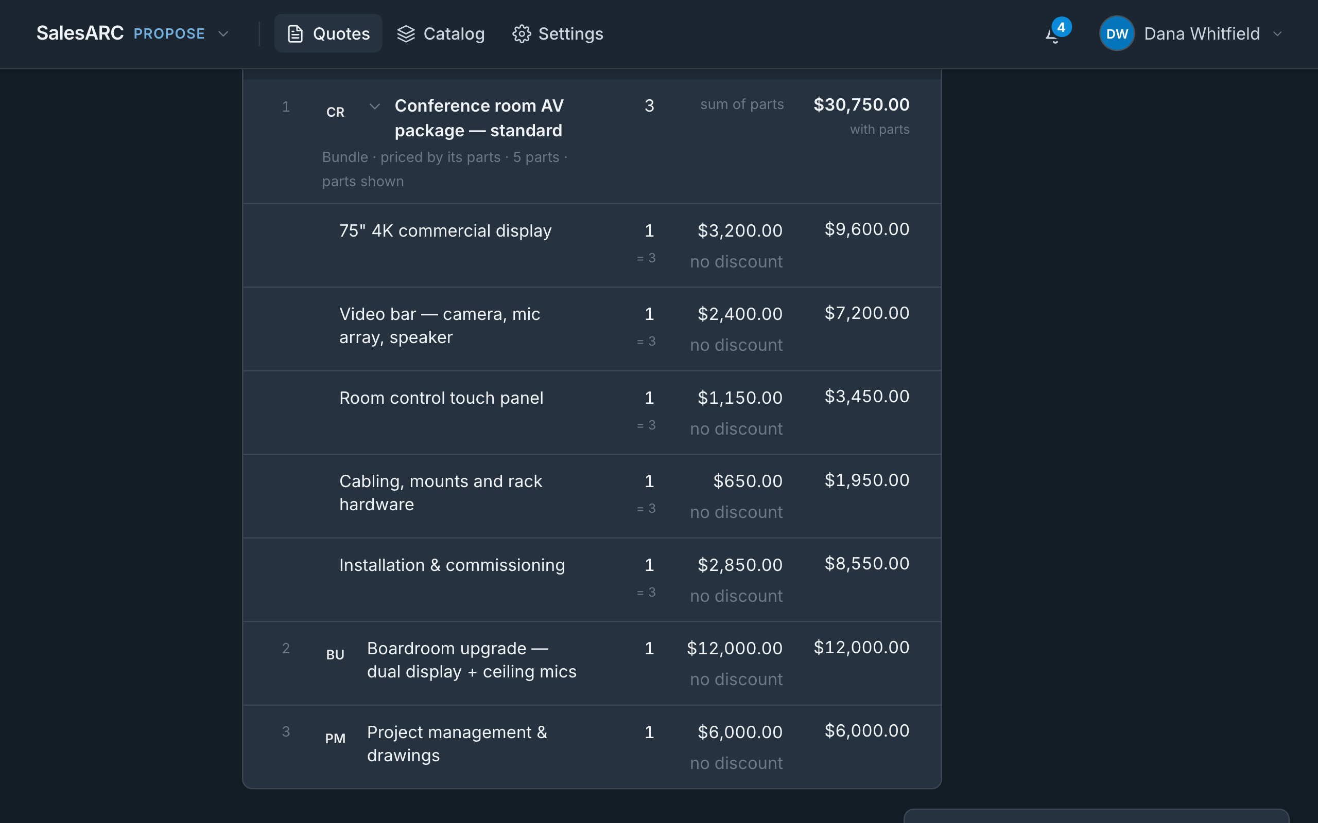 The quotes list in SalesARC Propose